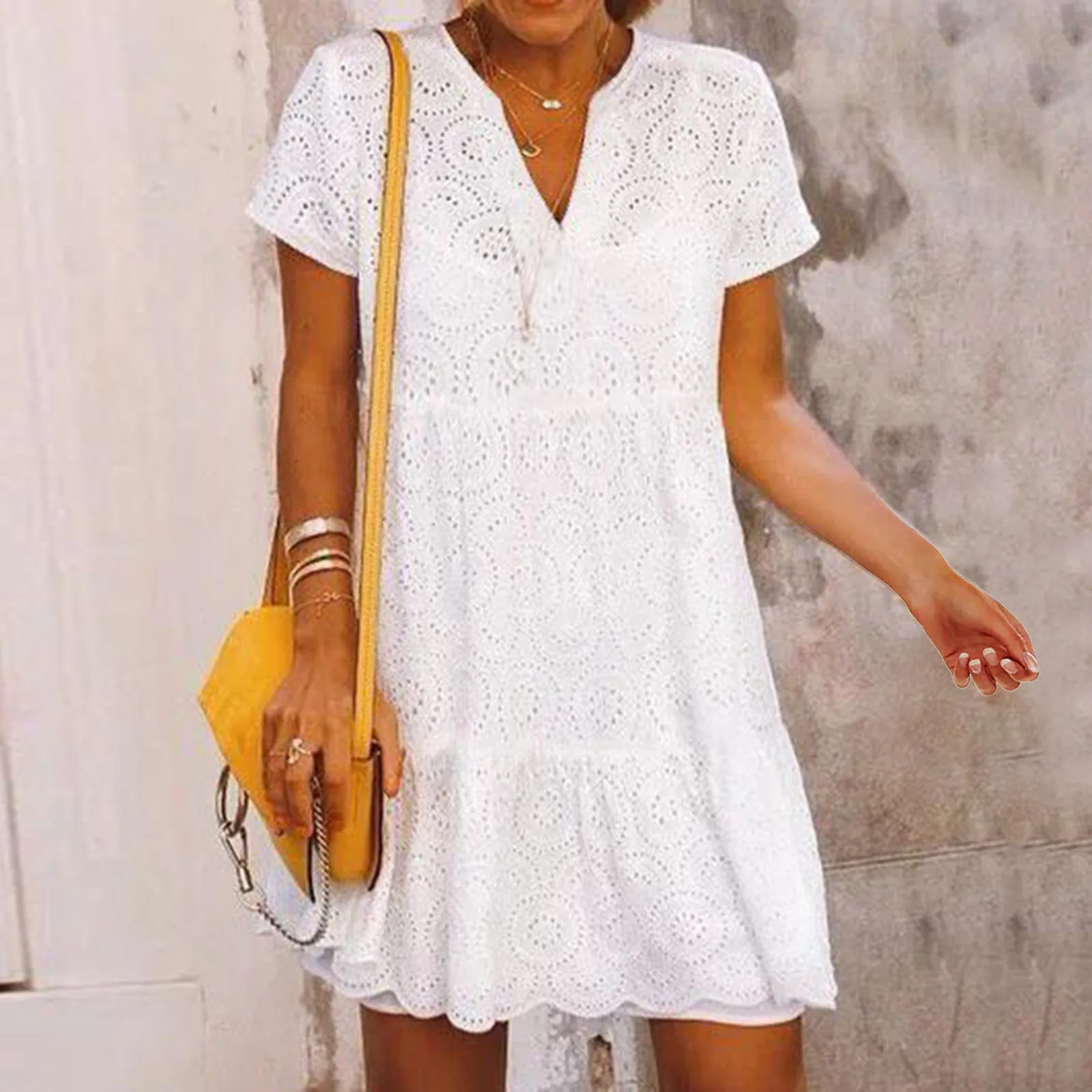 Summer Casual Lace Hollow Out Mini Dress Fashoin Korean White V-neck A ...