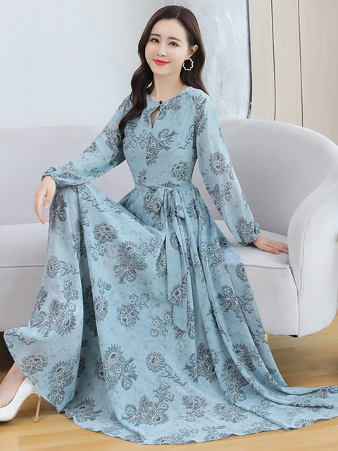 Women Autumn Casual Midi Dress Chiffon Red Long Sleeve Blue Maxi Dresses :  : Clothing, Shoes & Accessories