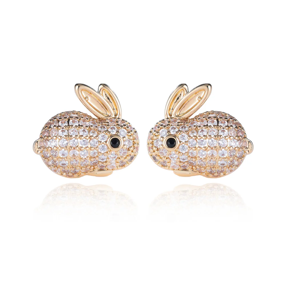 Cute Small Rabbit White Zircon Full Stone Stud Earrings For Women Vintage Gold Color Wedding Earring Valentine Jewelry Gifts