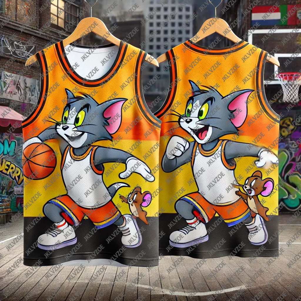 Men's And Women's Basketball Vests American Classic Anime Sports Quick Drying Vest Cat And Mouse Printed Round Neck T-Shirt children vest sportswear tshirt