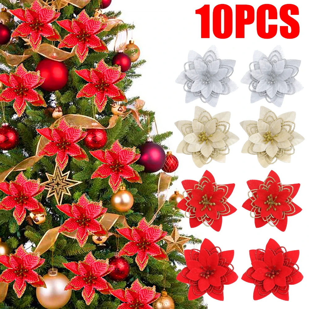 

1/10pcs Glittering Christmas Flowers Artifical Flowers Christmas Tree Pendant Ornaments Xmas New Year Party Wedding Decorations
