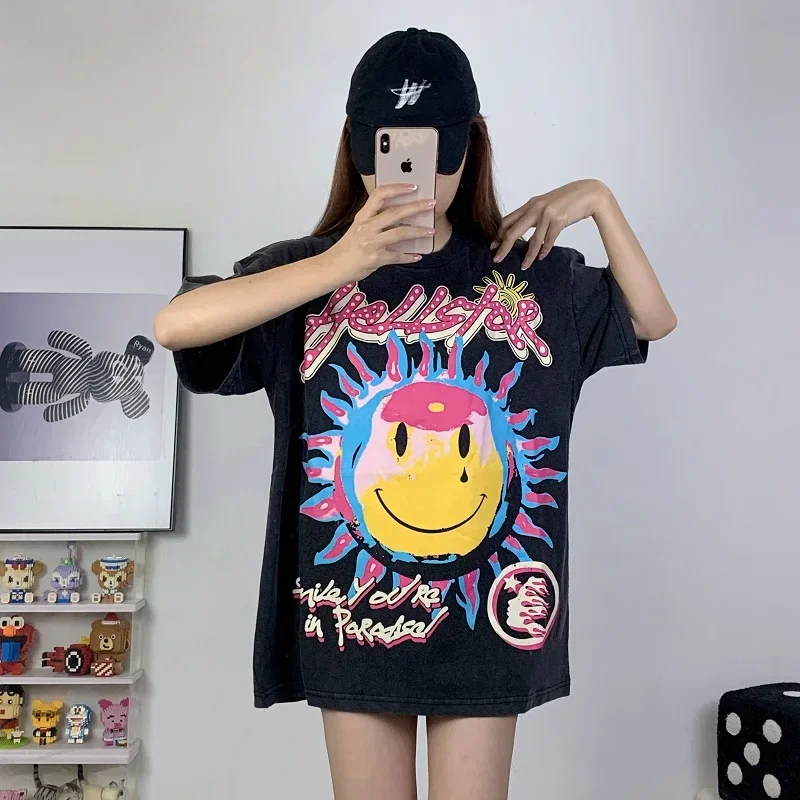 

Футболка Мужская/женская с принтом «солнце хеллстар», модная тенниска из чистого хлопка с вырезами, повседневная майка в стиле хип-хоп, цвет черный, с принтом улыбки