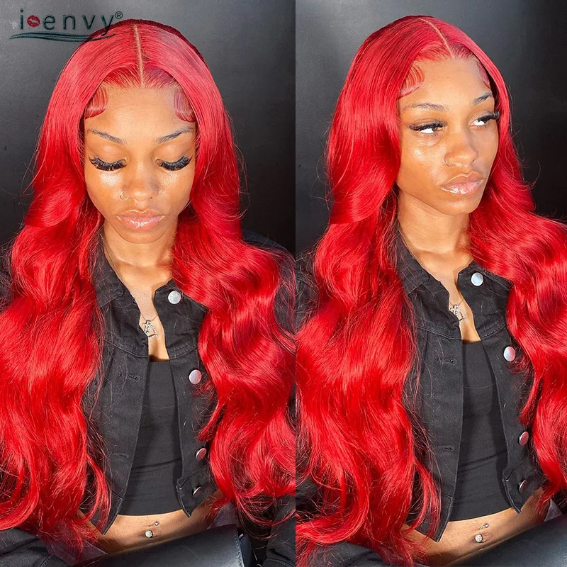 13X4 HD 투명 레이스 가발 레드 바디 웨이브 레이스 프론트 가발 13X6 버건디 레이스 프론트 가발 인모 가발 프리플럭 롱 34인치