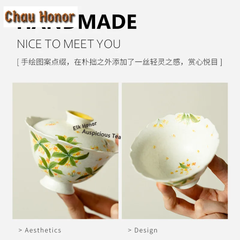 100ml Hand-painted Osmanthus Flowers Gaiwan Retro Tea Tureen Tea Bowl with Lid Kit Tea Maker Cover Bowl Kung Fu Tea Set supplies