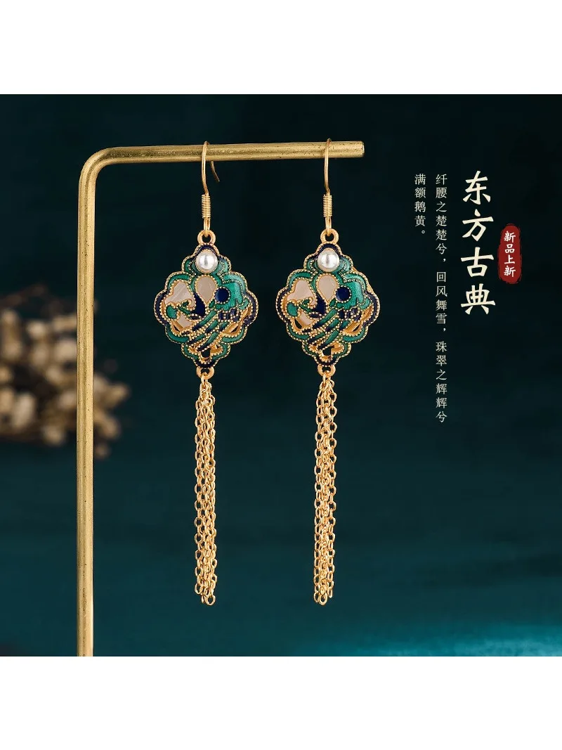 여성용 중국 고전 액세서리, 루이 핑안 락, 모조 헤티안 옥 궁전 태슬 귀걸이, 전통 주얼리 