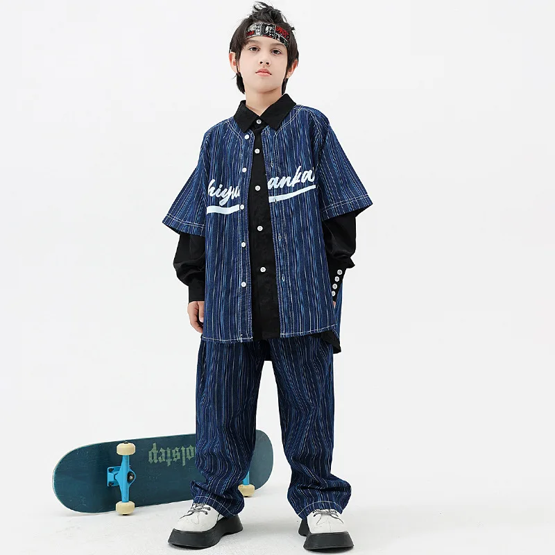 

Kids Boys Girls Stripe Denim Shirts Pants Suits Sets Fashion Streetwear Baseball Shirt Pant Children Tracksuits Hip Hop Clothing