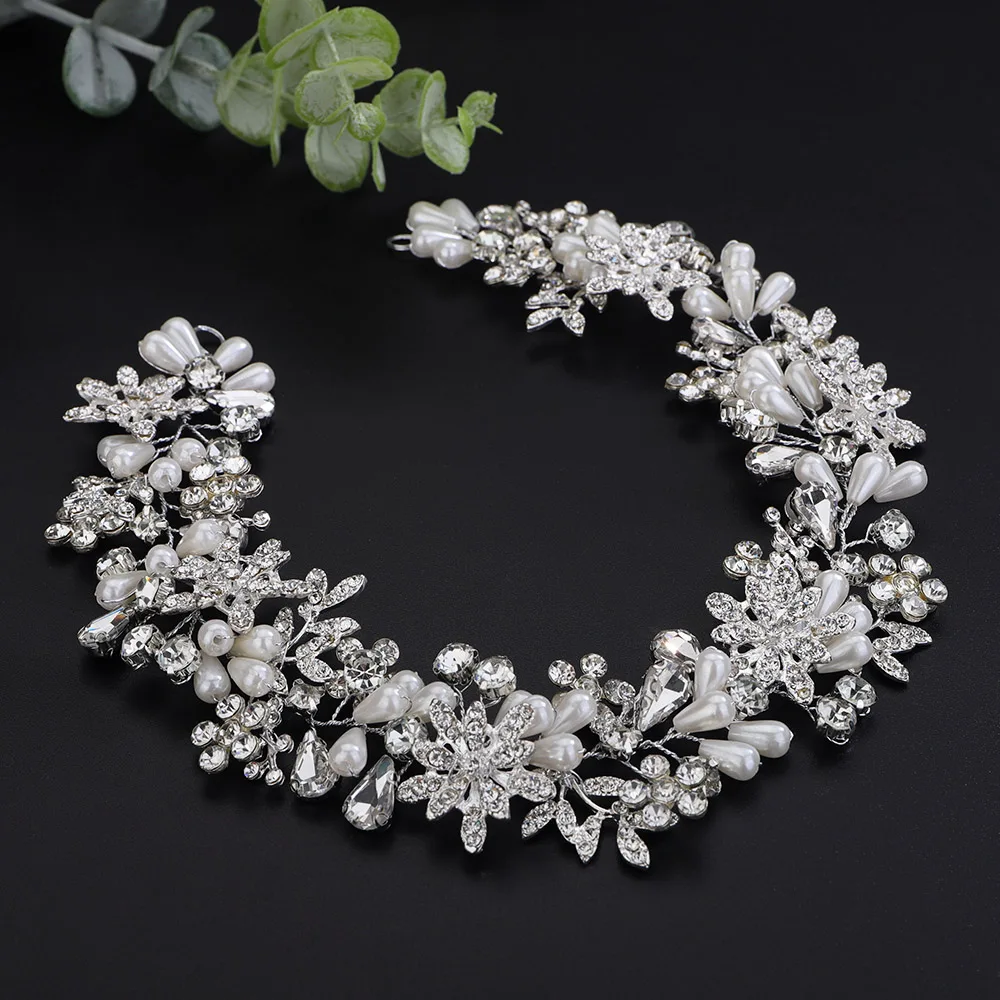 Bridal Hair Accessories Silver Color Rhinestone Bridal Headband Handmade Pearl Party Headpiece Wedding Hair Accessories Women Tiaras Trendy Headdress hair accessories bridal hair accessories