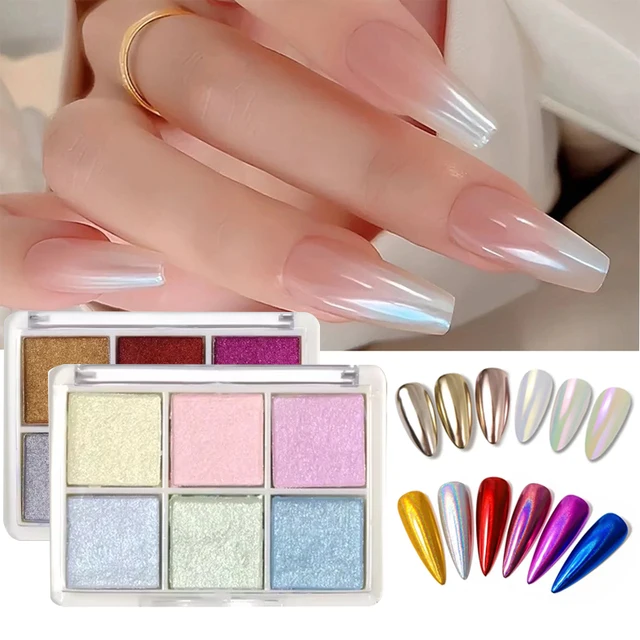 6Colors Mirror Nails Powder Metallic Chrome Effect Pigments Gel Polish Laser Dust Glitter Aurora Shiny Pearl Manicure Glitter