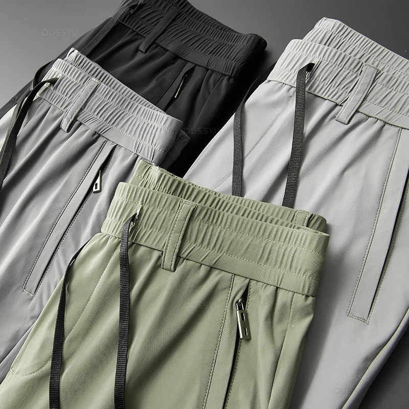 2024 Summer Men's Casual Pants Thin Soft Sports Zip Pocket Korea Grey Black Elasticity Lace-up Waist Jogging Work Trousers Male 6
