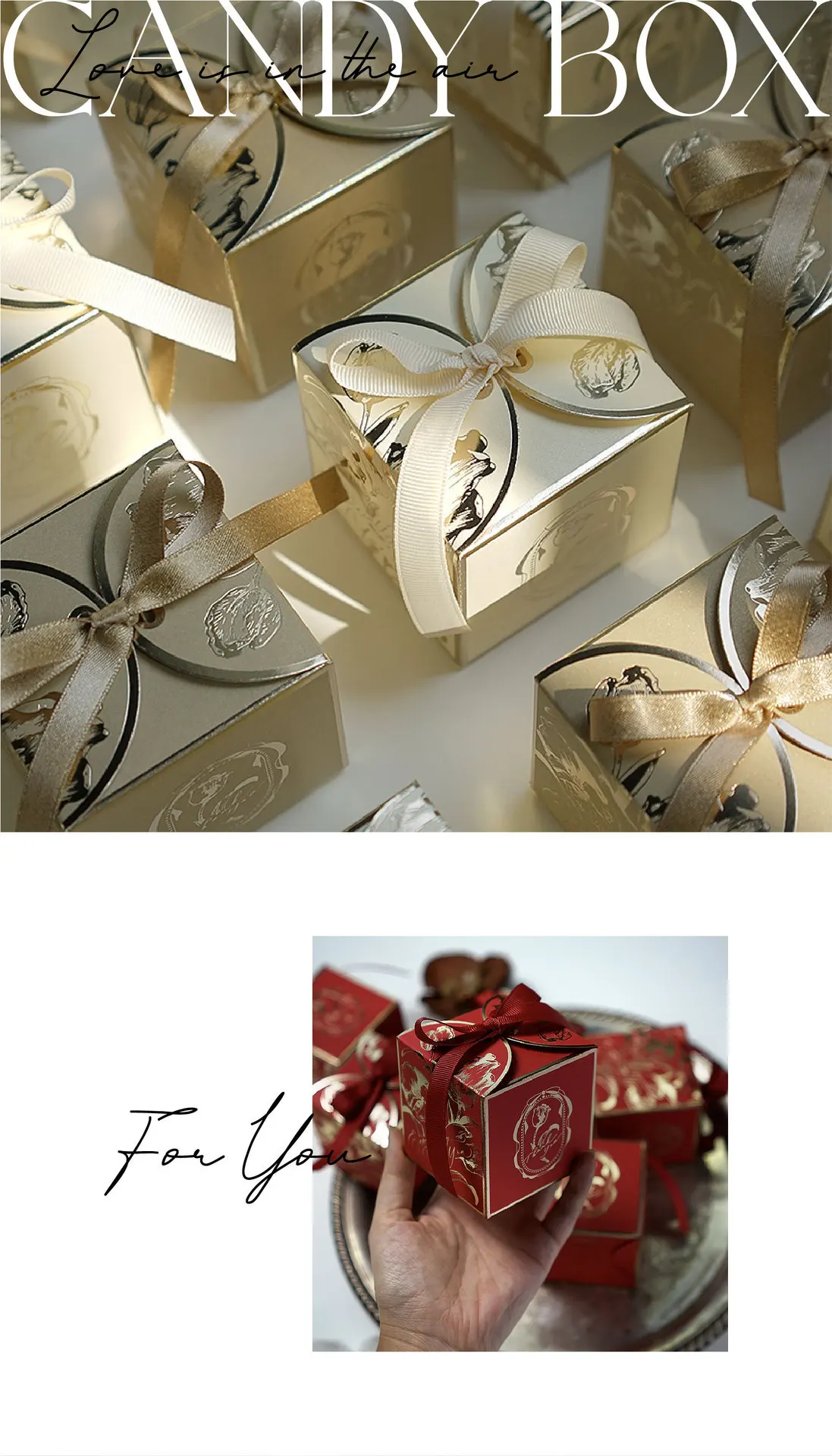 Exquisite Square Gold Gift Boxes – Printed Tulip Candy Packaging with Ribbon, Perfect f... - SKU PGB12153 - UGI Packaging