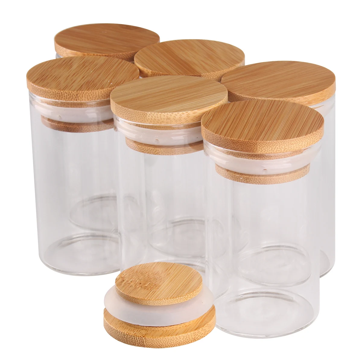 Glass Candy Bottles Pill Container Empty Bottles 6pcs/lot 50ml 60ml 80ml 90ml 100ml 120ml 150ml Bamboo Caps Art Crafts