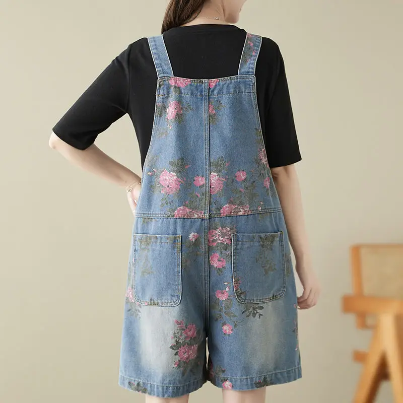 Vintage Floral Printed Denim Palysuit Women Casual Jeans Rompers Loose Strap Sleevelrss Wide Lef Overalls
