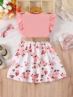 Robe décontractée à imprimé floral romantique pour fille, avec bords à volants et petites manches volantes, robe cintrée à la taille (ceinture incluse), été 2