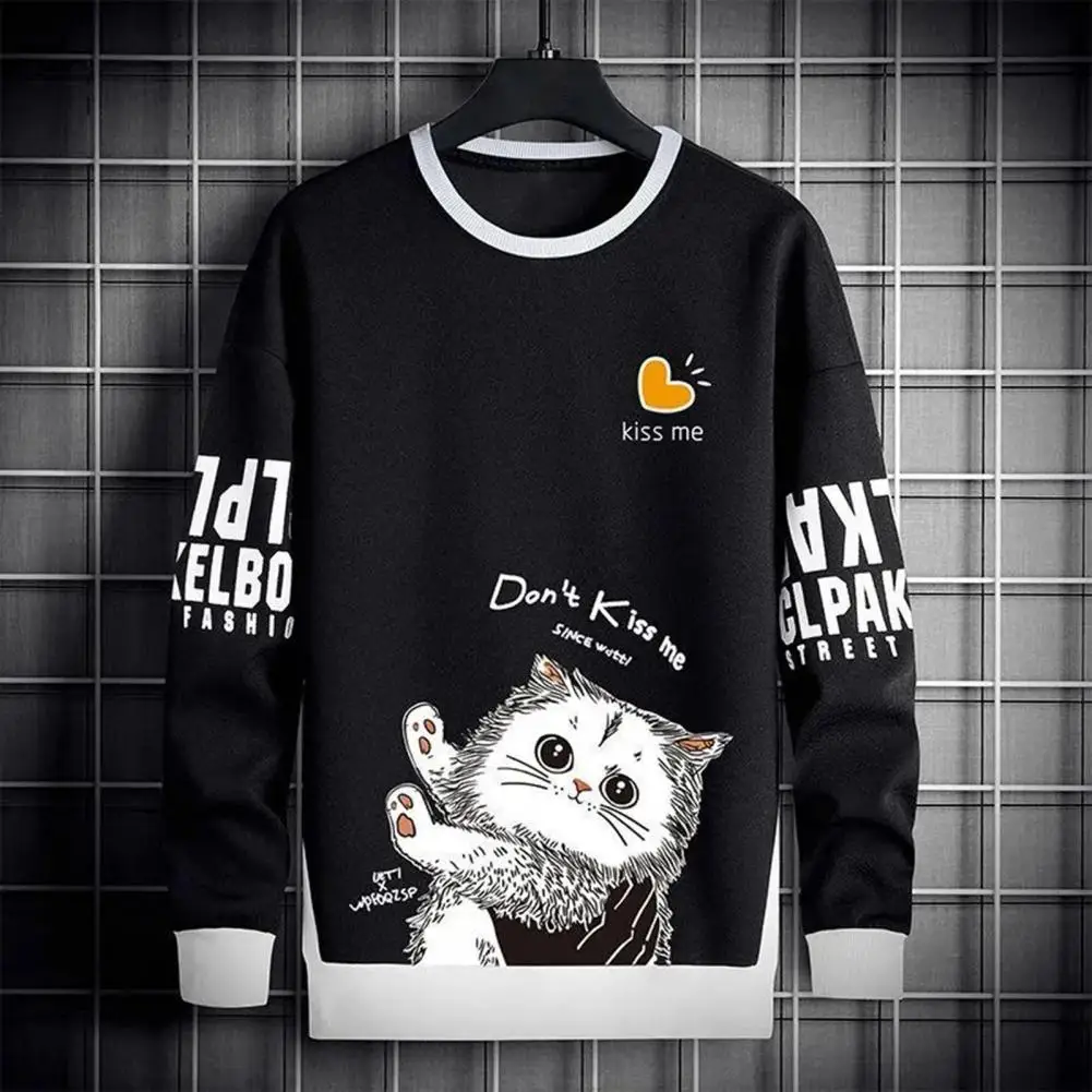 Spring Sweatshirt O-Neck Long Sleeve Thin Fleece Lining Thick Teenager Men Spring Autumn Cartoon Heart Cat Pattern Pullover Top