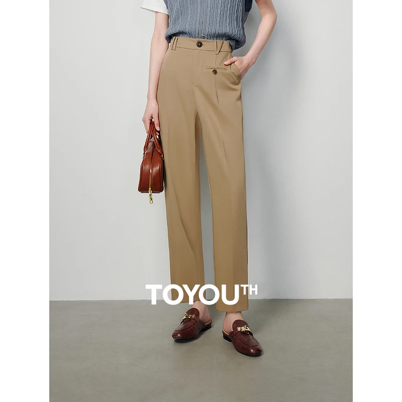 

TOYOUTH Women Casual Suit Pants 2024 Spring New Front Pocket Design Straight Office Lady Working Wear High Waist Trouser