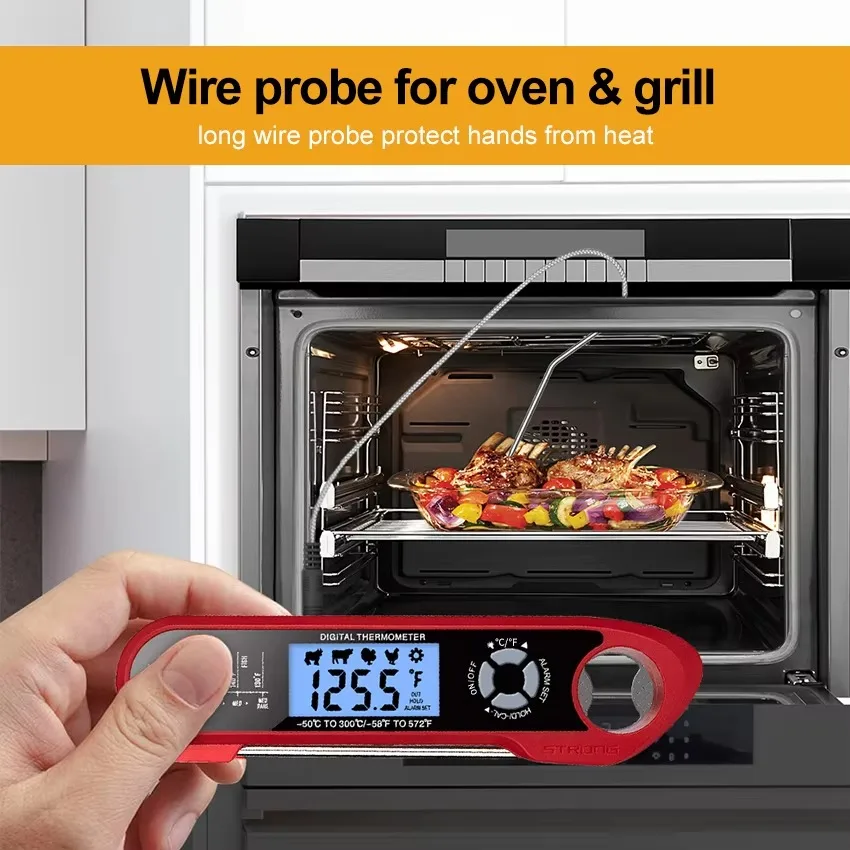 Waterproof Dual-Probe Digital Kitchen Thermometer with Rotating LCD and Alarm Function