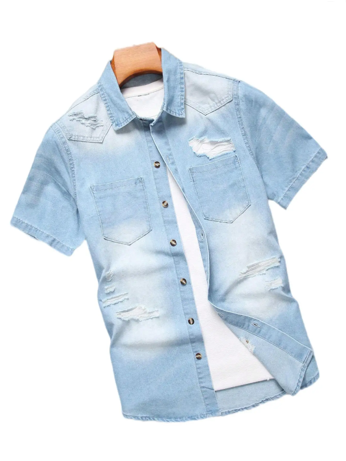 Men's summer blue short-sleeved denim shirt. Regular size. Casual, trendy street style.