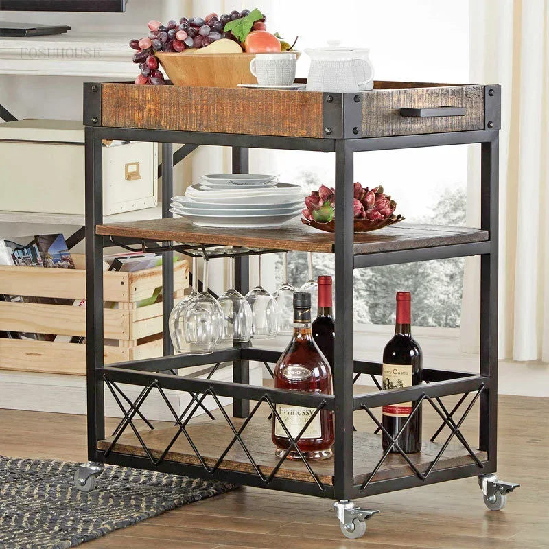 Solid Wood Living Room Villa Kitchen Islands Creative Coffee Shop Restaurant Trolleys Cart Retro Apartment Storage Cabinets y