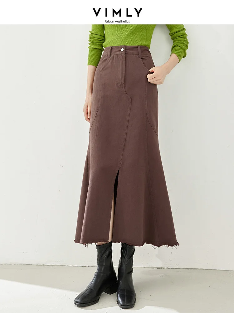 Vimly Maxi Skirt Women's Coffee A-line Split Fishtail Skirts 2023 Fall New Fashion Office Lady Solid Cotton Woman Clothing 16083 personality pin buckle fancy vintage genuine leather fashion designers belts casual luxury brand coffee cowskin ceinture homme