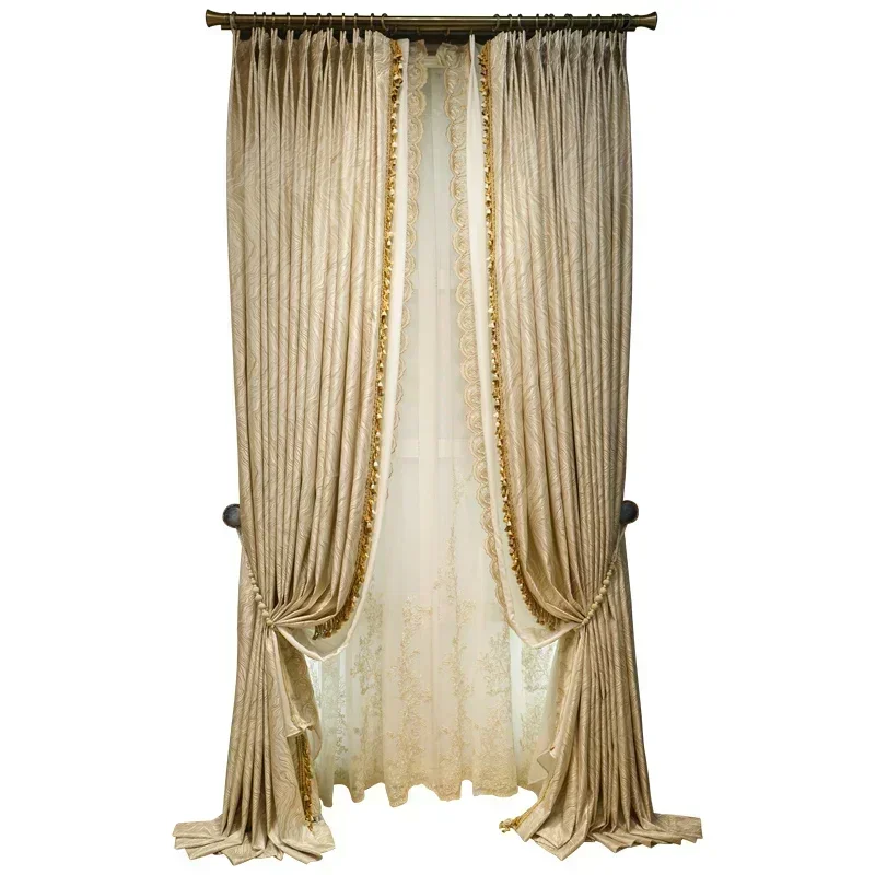 European Luxury Curtains for Living Room Bedroom Dining Grade High Precision Jacquard Geometric Simplicity Beige Modern French