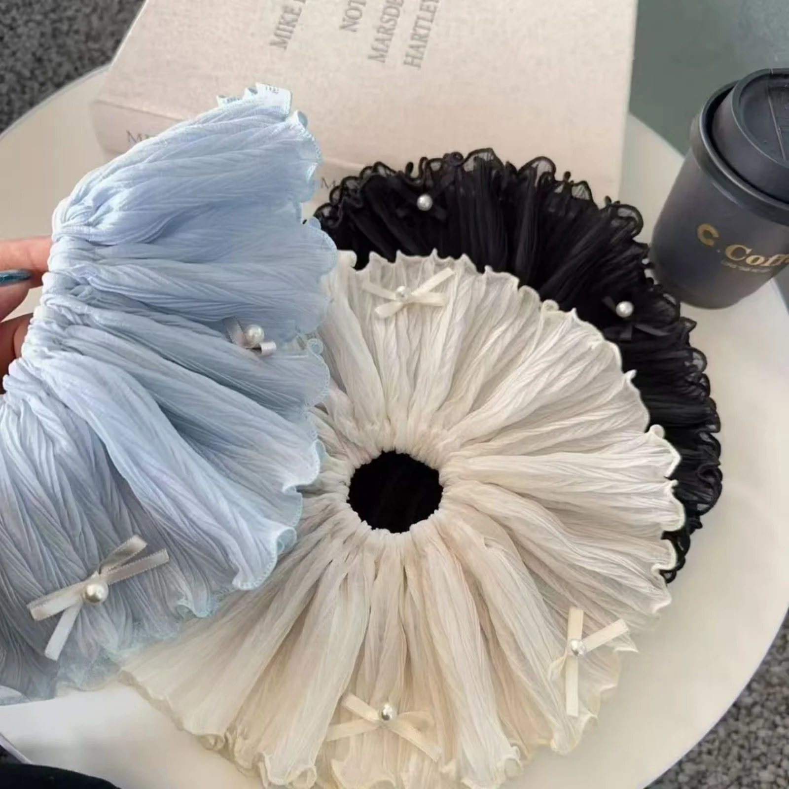 1PC Ruffled Satin Shower Caps with Pearl Bows, Multi - Color Set (Blue, White, Black), Elegant Hair Care Accessories for Women