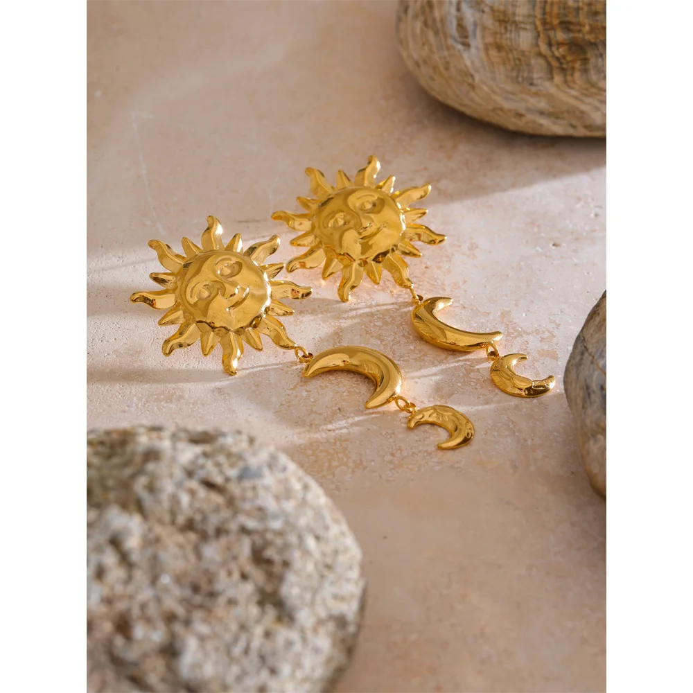 Yhpup Stainless Steel Sun Moon Dangle Earrings 18K Golden Plated