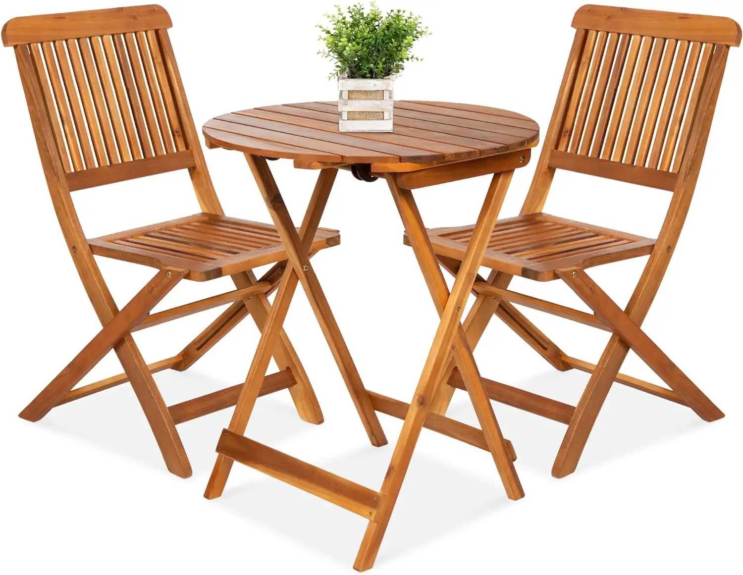 

3-Piece Acacia Wood Bistro Set, Folding Patio Furniture for Backyard, Balcony, Deck w/ 2 Chairs, Round Coffee Table, Teak Finish