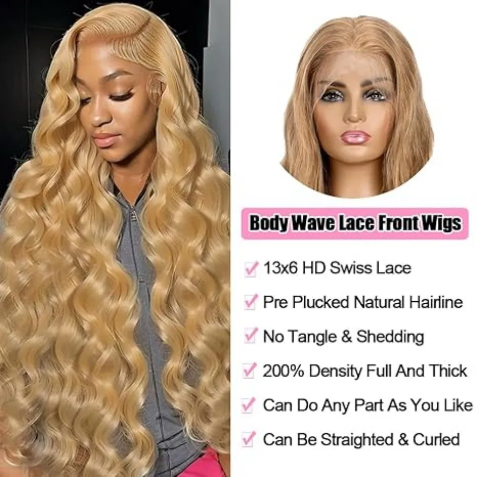 Body Wave Human Hair Wigs 100% Human Hair Quality 13x6 Hd Lace Frontal Wigs 250 Density #27 Honey Blonde Lace Front Colored Wigs
