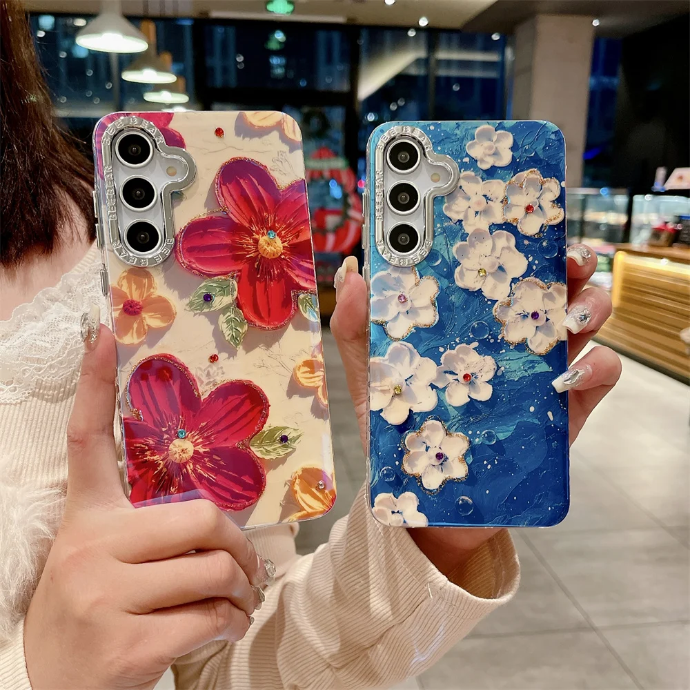 Oil Painting Flower Phone Case with Jewelled Protection - PC Hard Shell Back Cover