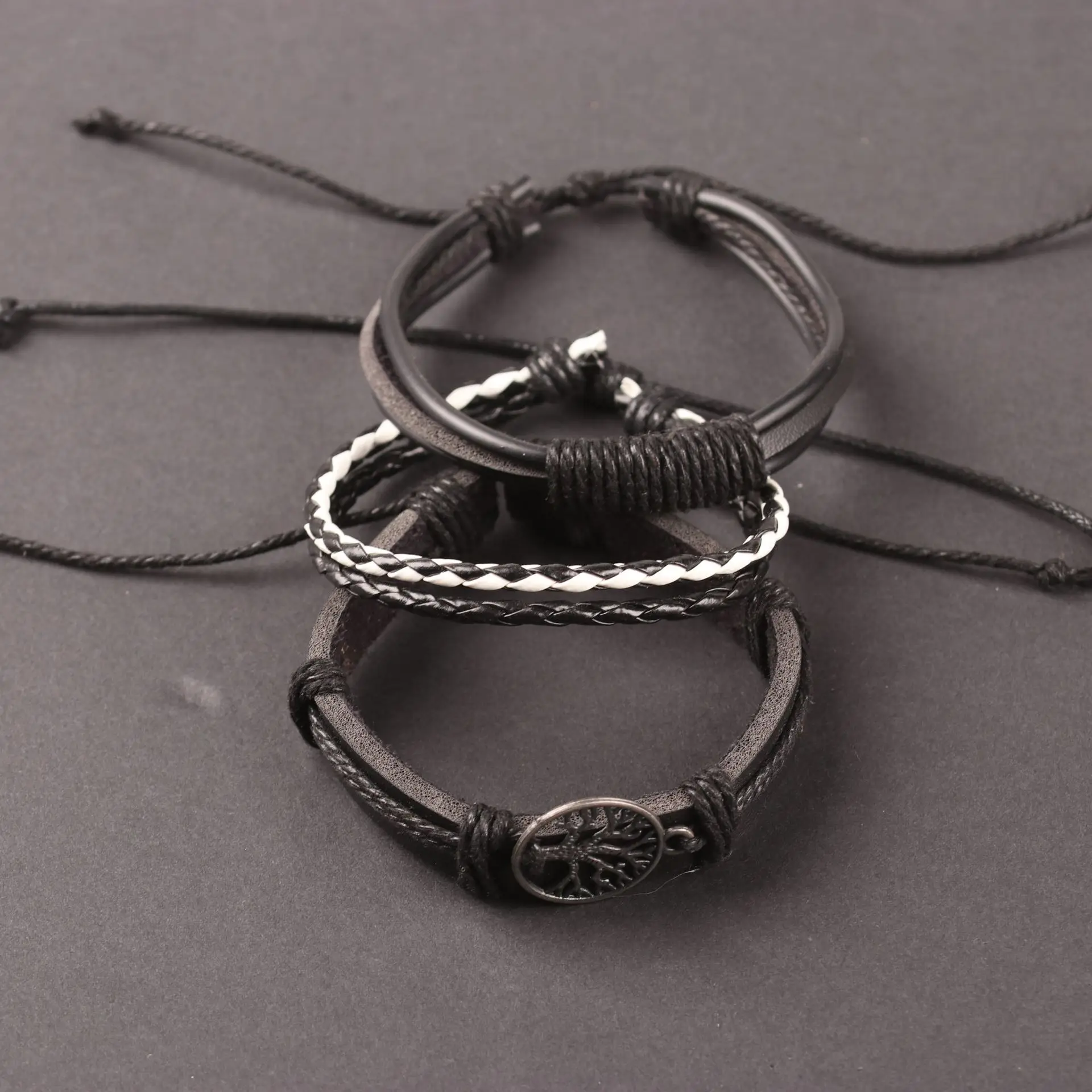Tree of Life Alloy Accessories Four Combination Set Leather Men's Bracelet Leather Bangle Wooden Beads Hand-woven Leather Ornament