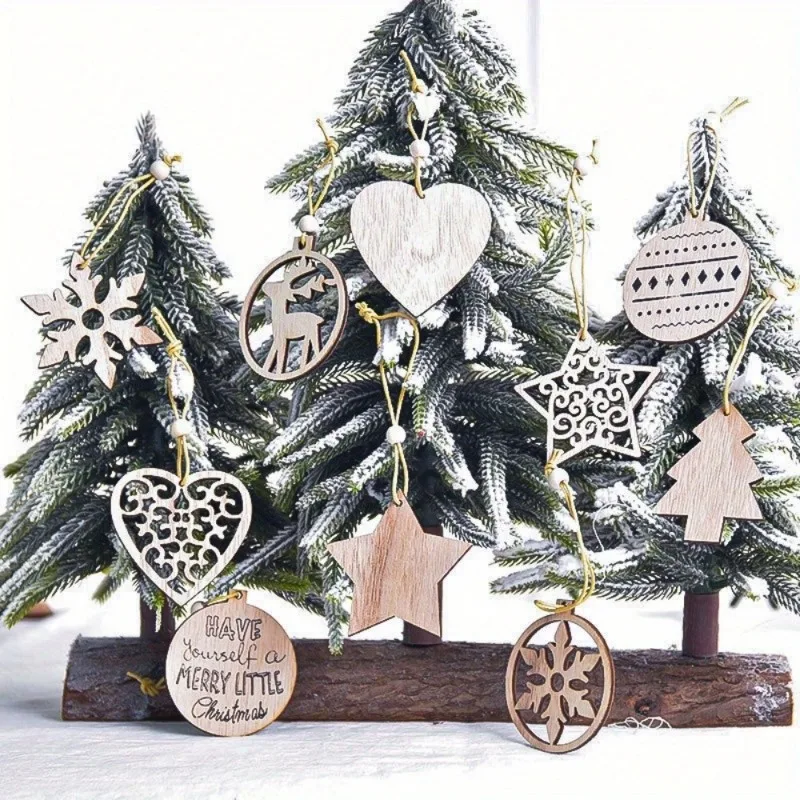 Elegant Wooden Christmas Ornaments Collection with Snowflake and Heart Designs for Home Tree Decor Festive Party Supplies,