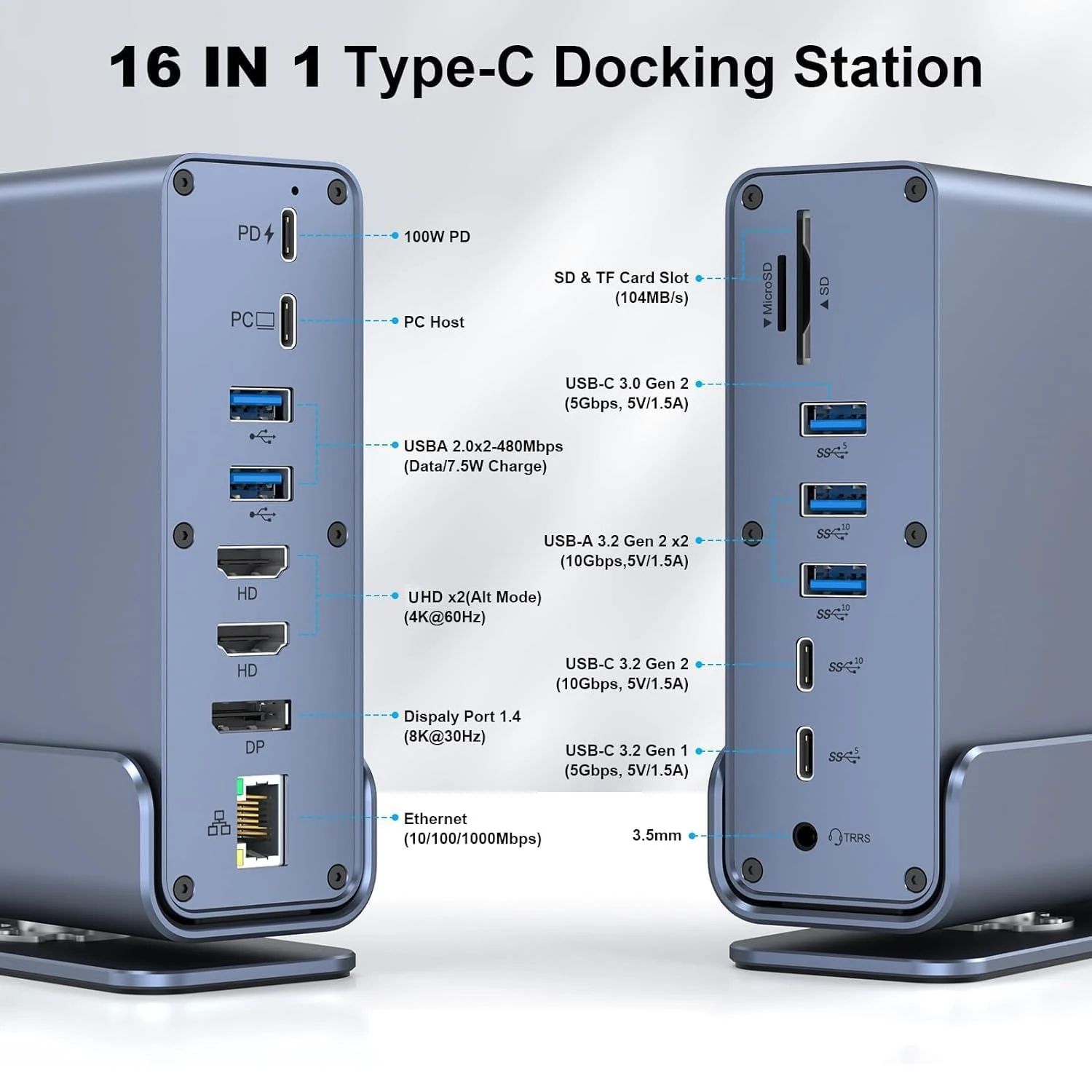 Thunderbolt4 C Laptop Docking Station With 2xHDMI-compatible, DP, Gigabit Ethernet, 100W PD, SD/TF, 3.5mm, USB Ports_voghion.com