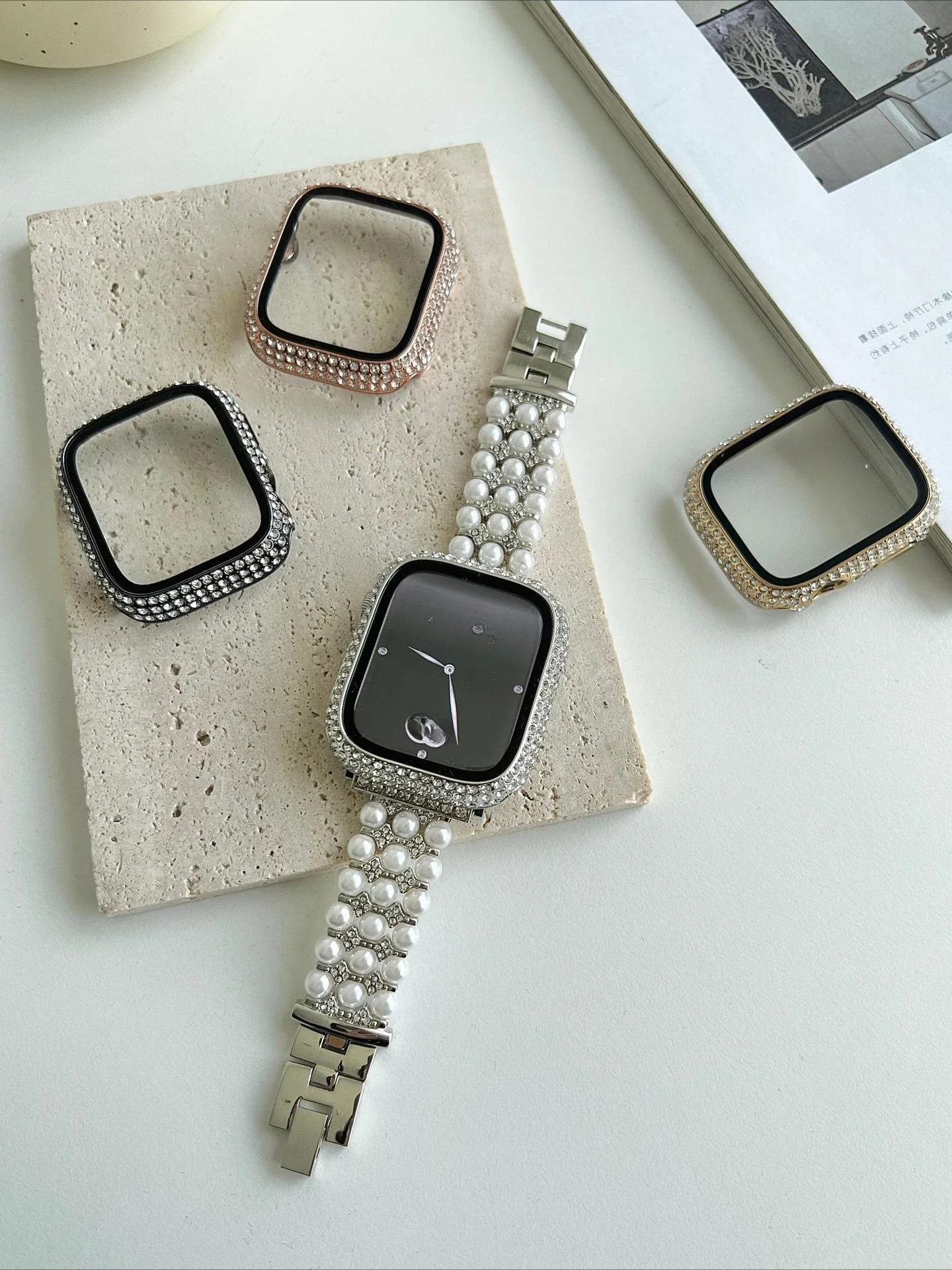 Rhinestone Decor Tempered Glass Screen Protector Watch Case For Apple Watch 38/40/41/42/44/45/46mm,Series SE/10/9/8/7/6/5/4/3/2