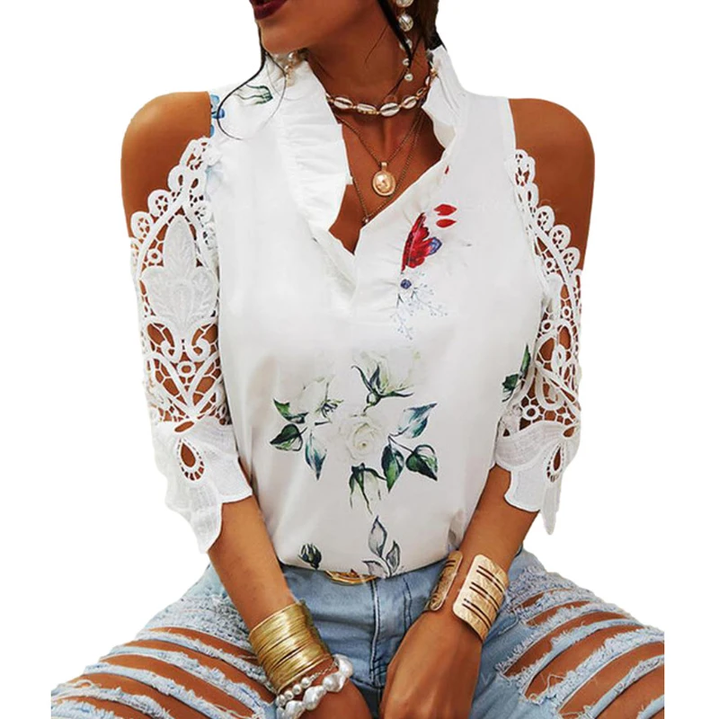 JCZHWQU Women's Lace Cold Shoulder Blouse – V Neck Flared Tunic Top For Summer - View #5