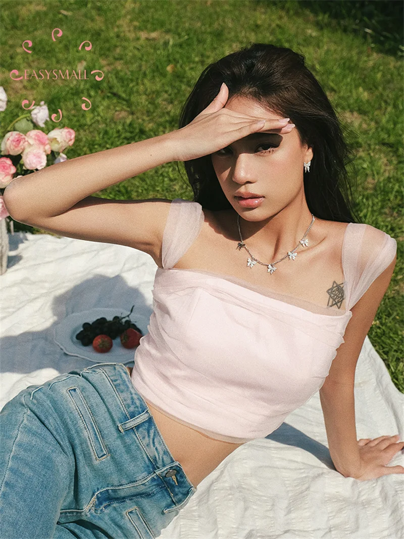 

Easysmall Spot MALI Design Sense Fairy Style Multi-layer Tulle Pleated Short Strap Bra Top Casual Slim Sleeves T Shirt Woman