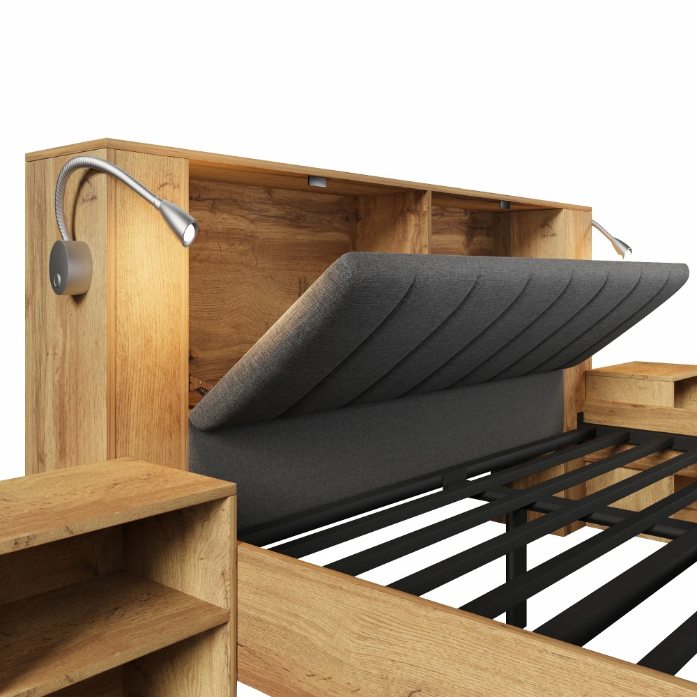 Doppelbett aus Holz mit klappbarem Kopfteil, Leinen, Bett mit Stauraum und zwei Nachttischen, Leselampen mit USB, Schiefergrau – Detail 26