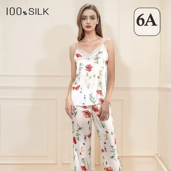 Women's Luxury Mulberry Silk Pajamas Set Sling Long Pants Cool Soft Comfortable Sleepwear Loungewear for Ultimate Relaxation 1