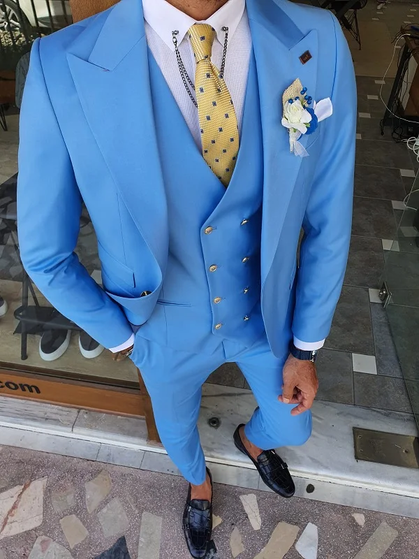 Men Suits 3 Pieces Slim Fit Business Suits Groom Blue Noble Grey White Tuxedos for Formal Wedding suit(Blazer+Pants+Vest) 3