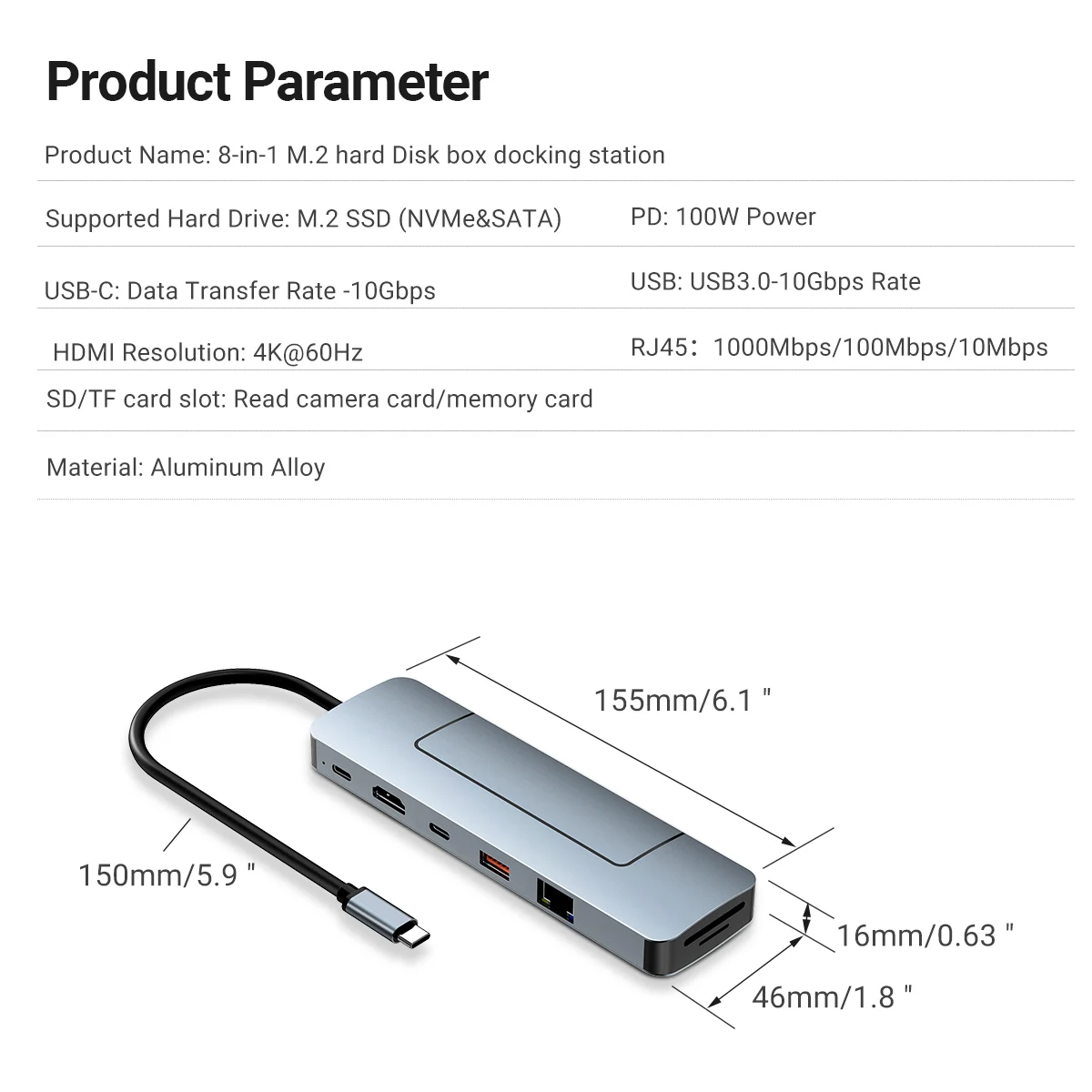 8 in 1 USB-C Hub&M.2 SSD Enclosure Support NVME&SATA ,With 4K HD,PD 100W,USB 3.0, RJ45 1000M,SD/TF Reader for Laptops Mac HP 2