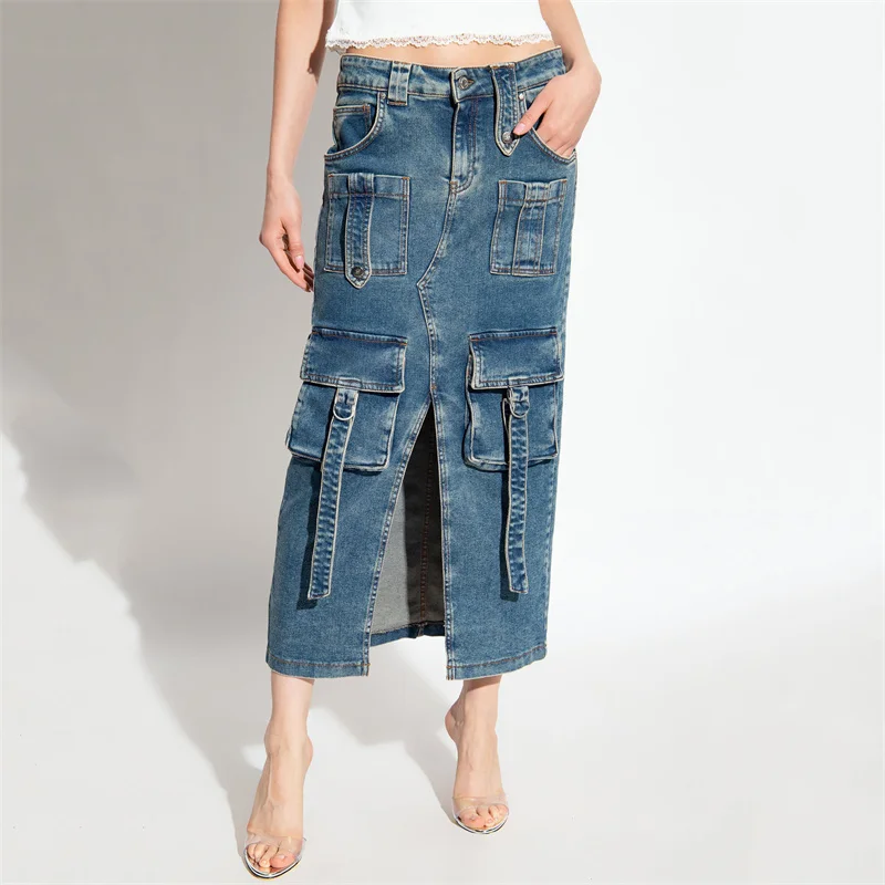 

skirts for women2023 Autumn New Korean Fashion High Waist Half Skirt Vintage washed cotton long skirt y2k clothing Jeans skirt