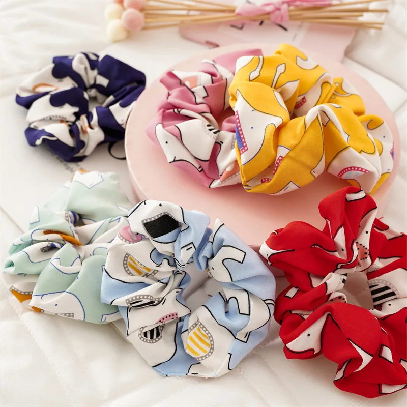 Korean Woman Cute Colorful Cloth Elastics Hair Band Little Elephant Printing Scrunchies Ladies Ponytail Holder Hair Accessories cashmere printing scarf shawl dual use ladies large square scarf inner mongolia cashmere digital printing horse figure tassel