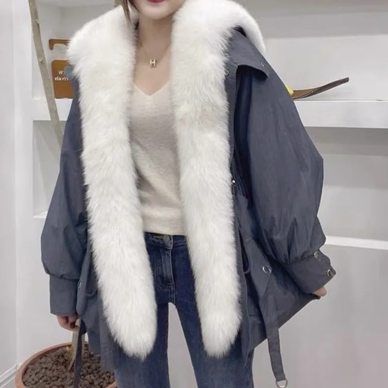 2023 Winter New Women Faux Fox Fur Coat Mid Length Version Loose Parkas Fashion Casual Solid Color Outwear Thick Warm Outcoat