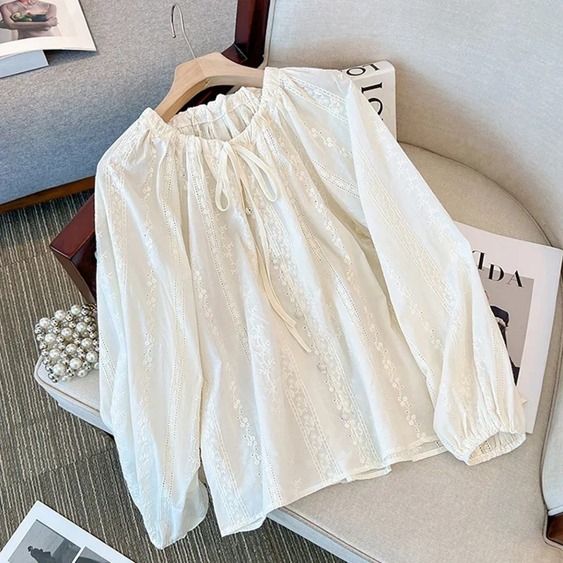 

Autumn Korean Style Loose Sleeve Shirt 2023 O-neck Lace-up Office Lady Blouse Hook Flower Hollow Tops Blusas Mujer Elegant 29515