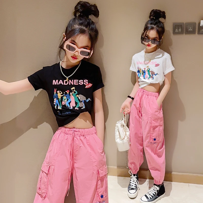 

Костюм для девочек 5, 7, 9, 11, 13 лет, футболка с мультяшным принтом + тонкие брюки-карго, Быстросохнущий летний комплект одежды, повседневный Детский костюм