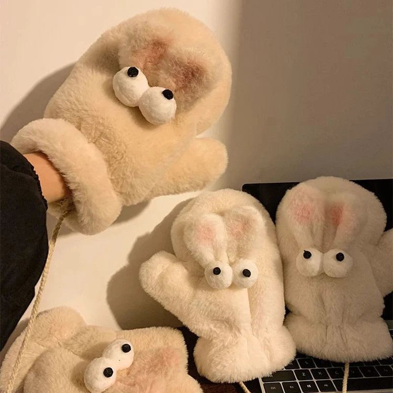 Cute Rabbit Fur Furry Mittens Plush Fingerless Gloves Windproof Hanging Neck Mittens For Girls