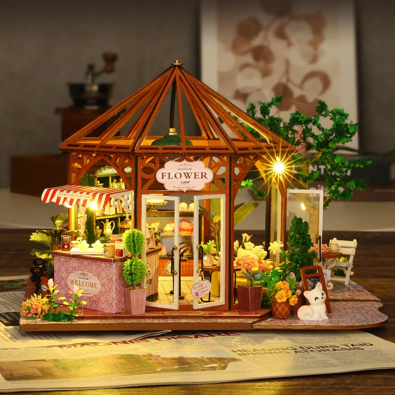 DIY Wooden Miniature Model Kit Flower Coffee Store Casa 3D Puzzle Dollhouse With Furniture Lights Home Decor for Friends Gifts 2