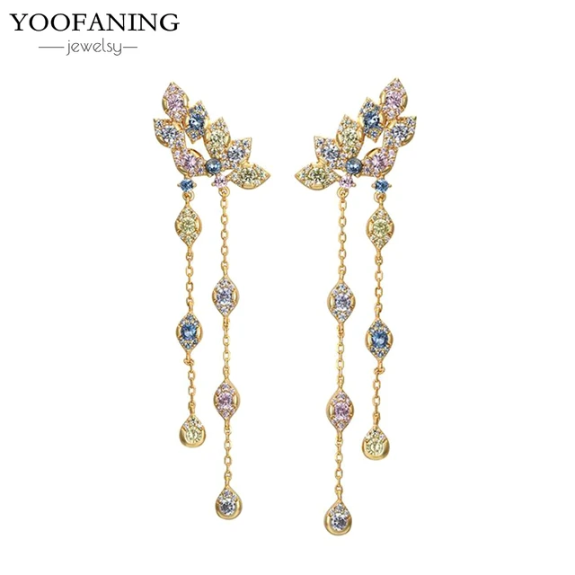 YUXINTOME 1 PC 925 en argent Sterling aiguille d'oreille coloré Zircon chaîne gland boucles d'oreilles pour les femmes deux trous boucle d'oreille bijoux A45