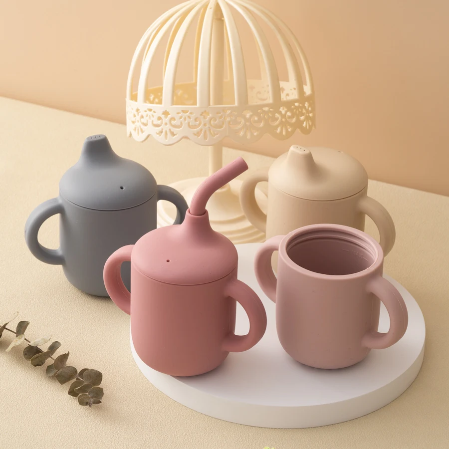 실리콘 시피 컵 이중 뚜껑 물병, 어린이 휴대용  식기,  수유 학습 용품, BPA 프리, 1 개