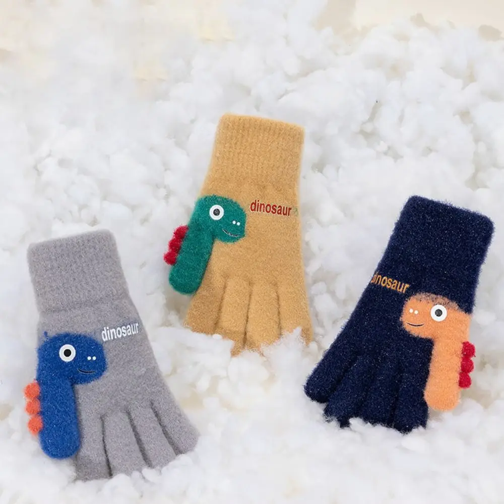 7-12 Years Old Winter Knitted Gloves Cartoon Dinosaur Elastic Five-finger Gloves Fashion Thickend Kids Boys and Girls