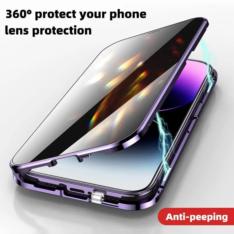 360° Full Protection Metal Magnetic Anti Peeping Buckle Lock Case For iPhone 15 14 13 12 11 Pro Max Double-Sided Glass Cover